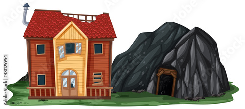 An abandoned house with a rock cave on white background