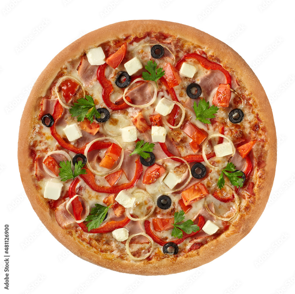 Top view of pizza with ham, bacon, mozzarella, tomatoes, bell pepper, onions, parsley and black olives Top view of pizza with ham, bacon, mozzarella, tomatoes, bell pepper, onions, parsley and black olives