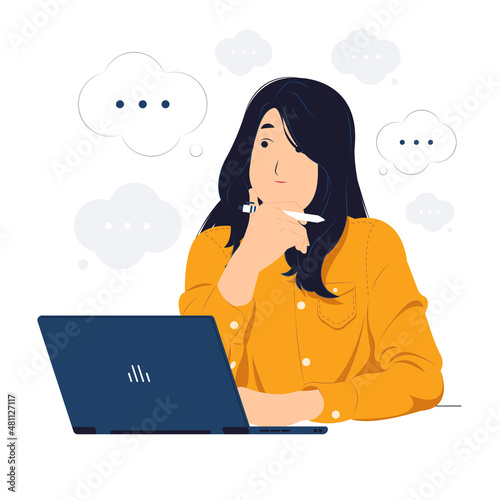 Woman with laptop sitting at the office desk holding a pen while thinking about something concept illustration