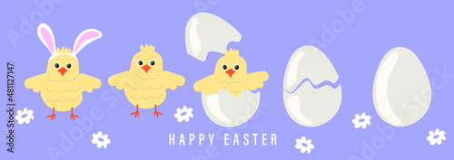 Easter chick. Cute Chicken cracking from egg shell wearing easter bunny ears. Vector illustration