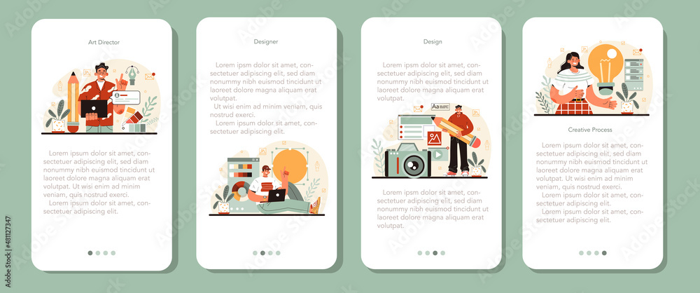 Designer mobile application banner set. Art director working on media Designer mobile application banner set. Art director working on media
