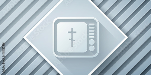 Paper cut Online church pastor preaching video streaming icon isolated on grey background. Online church of Jesus Christ. Paper art style. Vector