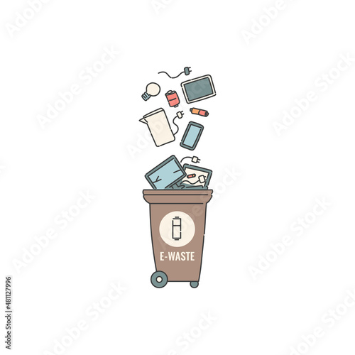 Container dumpster with e-waste electronic garbage sorting and recycling. Vector contour doodle isolated illustration.