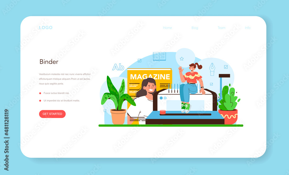 Book binding web banner or landing page. Printing house technology Book binding web banner or landing page. Printing house technology