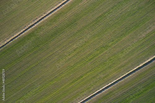 Lines on the surface of the earth top view. Farmland aerial view. View over picturesque patchwork landscape of green pasture.