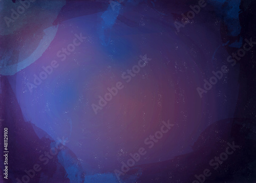 Fondo abstracto de cielo oscuro con degradados, luces y sombras. Textura de acuarela en colores azules, naranjas y rosas. Recurso gráfico con espacio para texto. Formato horizontal