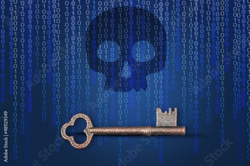 ransomware virus on a computer with an encrypt key icon and binary code illustration on a background photo