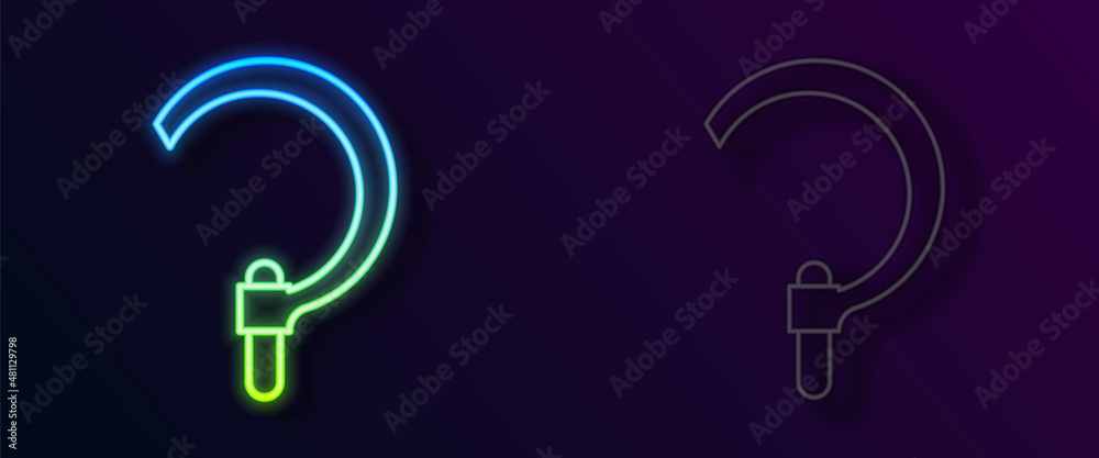 Glowing neon line Sickle icon isolated on black background. Reaping hook sign. Vector Glowing neon line Sickle icon isolated on black background. Reaping hook sign. Vector