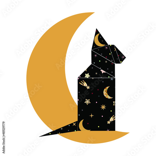 Mystical black cat sitting on the crescent Moon. Moon child. Tangram cat. Trendy boho style cat from geometry shapes.