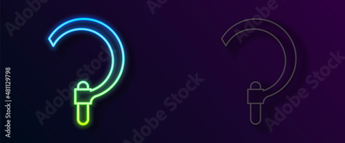 Glowing neon line Sickle icon isolated on black background. Reaping hook sign. Vector