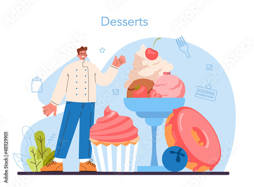 Confectioner concept. Professional confectioner chef making different