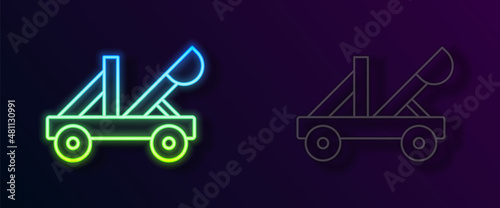 Foto Glowing neon line Old medieval wooden catapult shooting stones icon isolated on black background