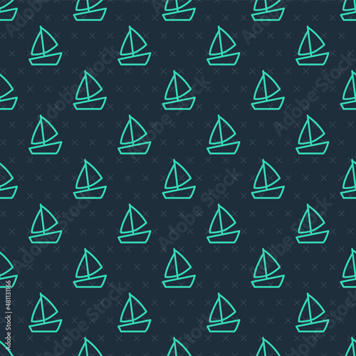 Green line Yacht sailboat or sailing ship icon isolated seamless pattern on blue background. Sail boat marine cruise travel. Vector