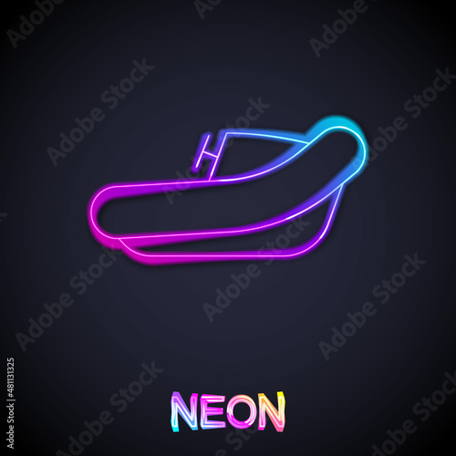 Glowing neon line Inflatable boat with outboard motor icon isolated on black background. Vector