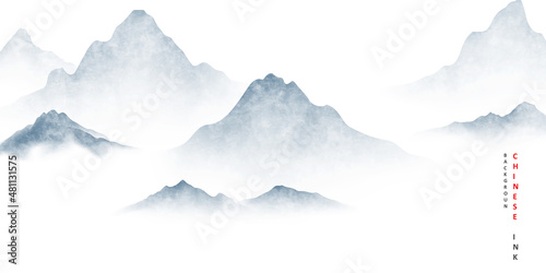 Vector illustration of a Chinese ink landscape painting on beautiful vintage paper in a modern design.