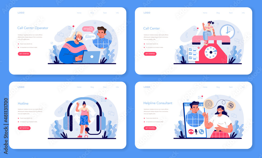 Fototapeta premium Call center or helpline web banner or landing page set. Support operator