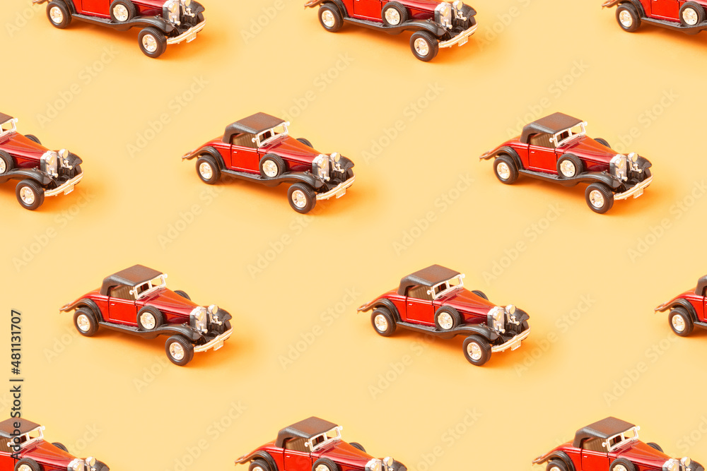Pattern of old-timer toys on a pastel background. 60s 70s