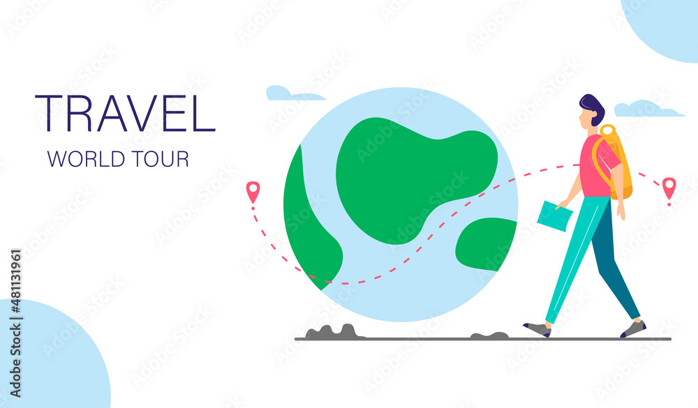 World tour illustration. Young man walking with backpack and map next to the planet. Landing page template. Flat style illustration.