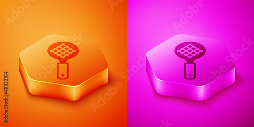 Isometric Tea strainer with handle icon isolated on orange and pink background. Metal sieve. Hexagon button. Vector