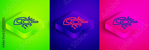 Isometric line Eye scan icon isolated on green, blue and pink background. Retinal scan. Scanning eye. Security check symbol. Cyber eye sign. Square button. Vector