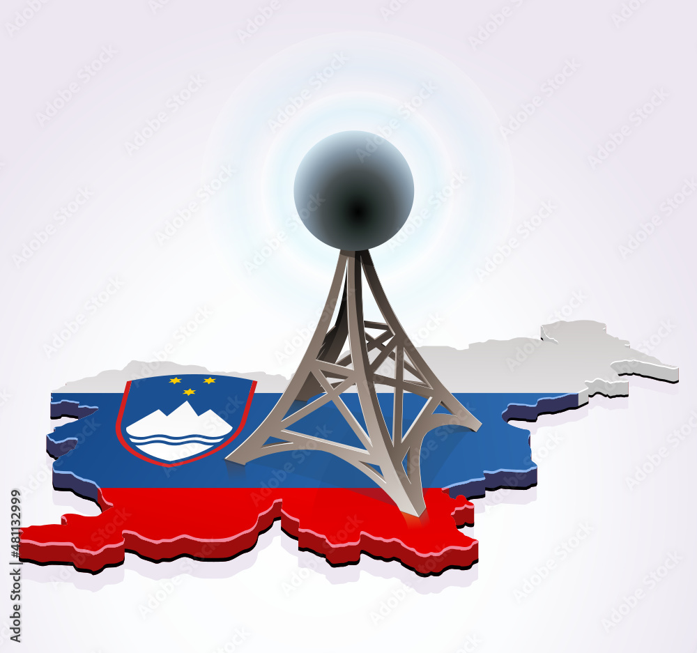 3D map of Slovenia in the colors of the Slovenian flag with an antenna ...