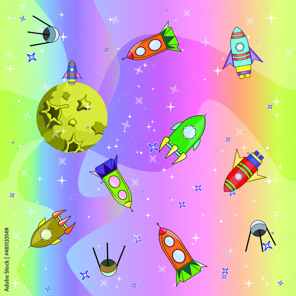 far away in outer space, colorful rockets and spaceships fly among planets, stars and moons far away in outer space, colorful rockets and spaceships fly among planets, stars and moons