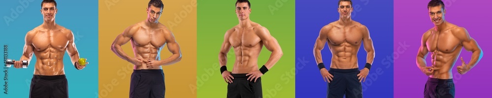 Photo set, collage. Man athlete isolated on colorful background. Gym full body workout. Sports trainer on trainging. Fitness motivation. Photo set, collage. Man athlete isolated on colorful background. Gym full body workout. Sports trainer on trainging. Fitness motivation.