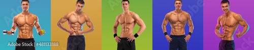 Photo set  collage. Man athlete isolated on colorful background. Gym full body workout. Sports trainer on trainging. Fitness motivation.