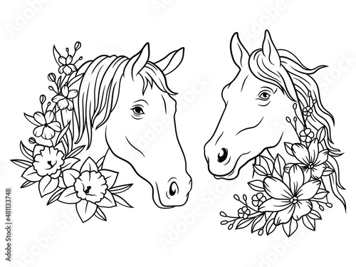 Set of portrait of horse with flowers. Collection of head floral magic horse. Tattoo. Mustang with floral wreath. Vector illustration of animal with flower wreath.