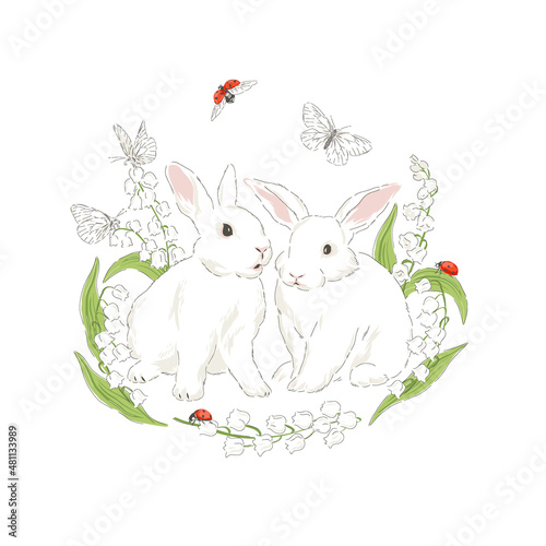 Cute bunny in Spring Bloomy garden with Lilies of the valley florals butterfly and ladybug hand drawn vector illustration isolated on white. Vintage delicate romantic nature print poster card