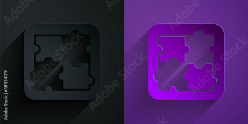 Paper cut Solution to the problem in psychology icon isolated on black on purple background. Puzzle. Therapy for mental health. Paper art style. Vector