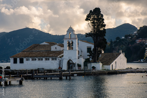 View to the famous touristic landmark Monastery of Panagia Vlahernon under clouds, Kerkyra, Corfu, Greece photo