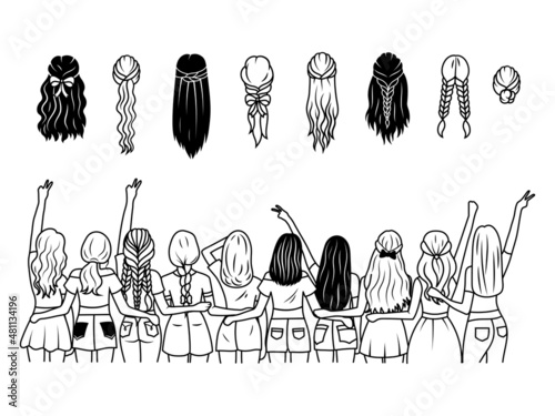 Illustration of best friends hugging with showing hands a peace. Young girls having good time together. Happy friendship day.  Fun meeting. An illustration of female strong friendships.