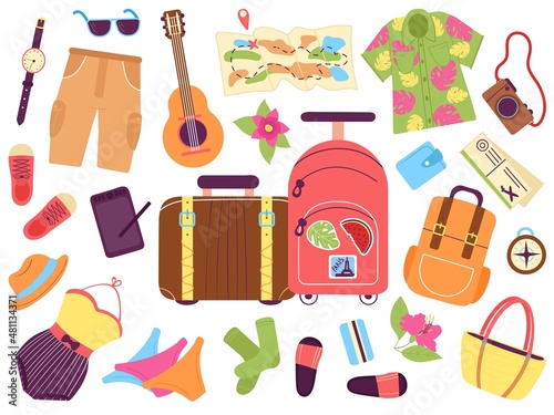 Tourist luggage. Traveller vacation bags, cartoon suitcases and summer stuff. Doodle travel bag, clothes and shoes. Travelling decent vector kit