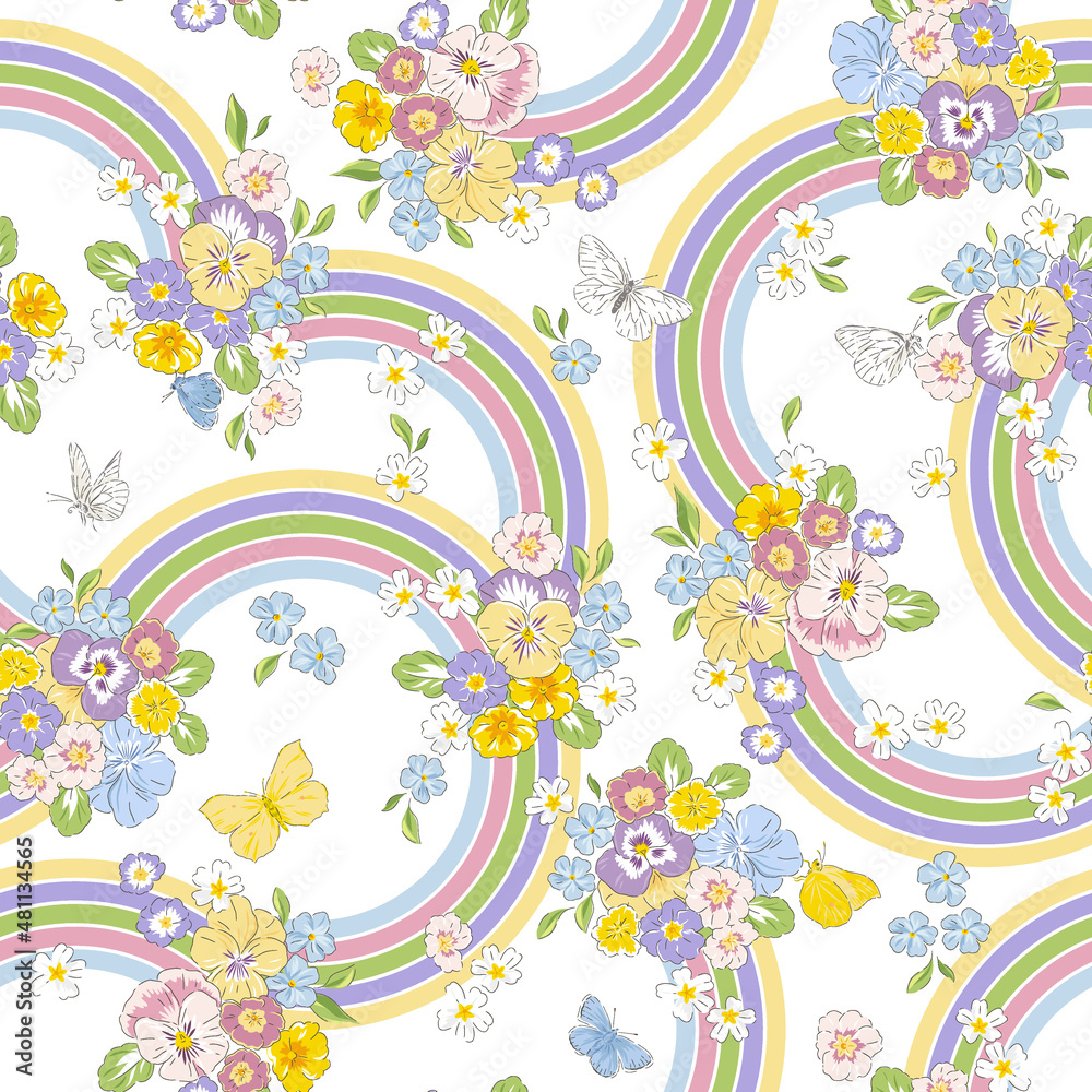 Variety Spring Garden flower Butterfly and rainbow hand drawn vector seamless pattern. Vintage Romantic Liberty inspired Petite floral ditsy groovy print. Bloomy calico background for fashion fabric Variety Spring Garden flower Butterfly and rainbow hand drawn vector seamless pattern. Vintage Romantic Liberty inspired Petite floral ditsy groovy print. Bloomy calico background for fashion fabric