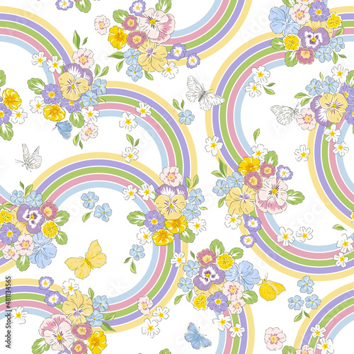 Variety Spring Garden flower Butterfly and rainbow hand drawn vector seamless pattern. Vintage Romantic Liberty inspired Petite floral ditsy groovy print. Bloomy calico background for fashion fabric 