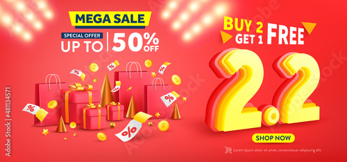 2.2 Shopping day Poster or banner with gift box on red background.Sales banner template design for social media and website.February 2 Special Offer Sale 50% Off campaign or promotion.