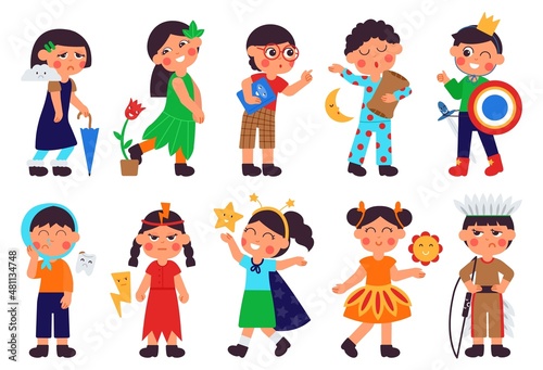 Cartoon emotional children. Different emotion kids, cheeky disgust child with kawaii friends. Indian baby, fairy tale characters. Fantasy decent vector clipart