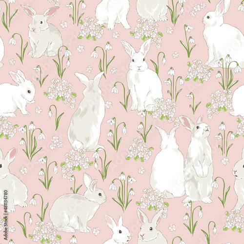 Cute bunny in Spring Bloomy garden with snowdrops and primrose florals vector seamless pattern. Vintage romantic nature hand drawn print. Cottage core aesthetic background.