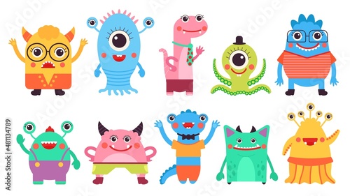 Kids monster collection. Child monster, isolated cartoon aliens characters. Cute ugly comic elements, crazy colorful beast, decent vector set