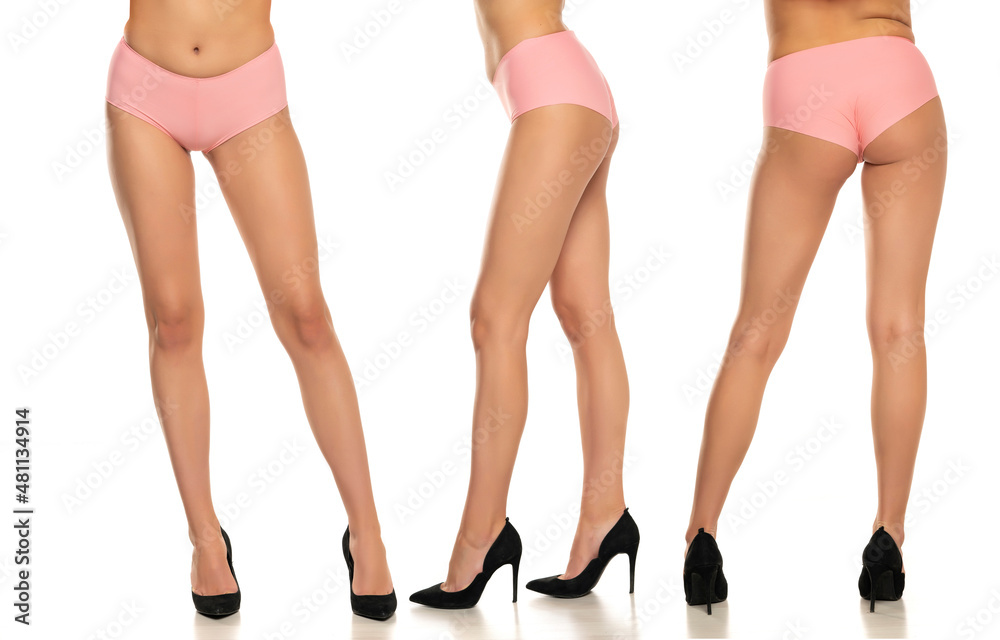 Collage of pretty female legs in pink panties and high heels