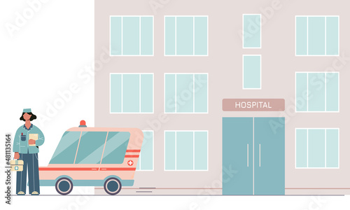 Cartoon woman doctor and ambulance car near the hospital.