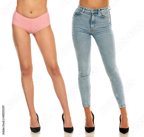 Collage of pretty female legs in pink panties and jeans