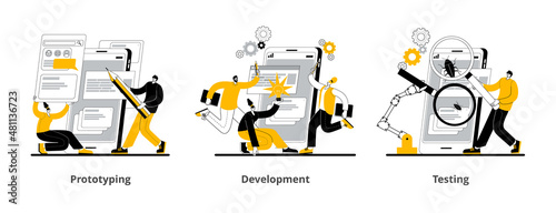 The development team is creating a mobile application. A set of vector illustrations on the topic of prototyping, development and testing of a mobile application.
