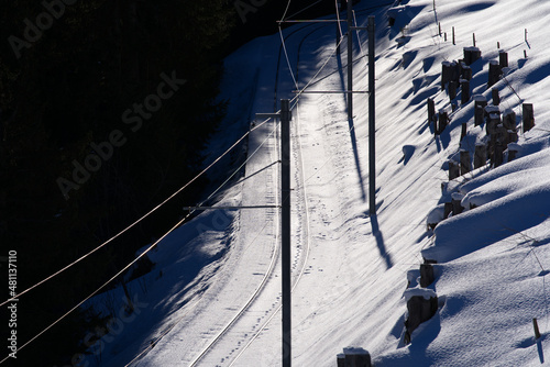 Aerial view of empty railway tracks of Lauterbrunnen Mürren Mountain Railway on a sunny winter day. Photo taken Januaray 15th, 2022 Lauterbrunnen, Switzerland. photo