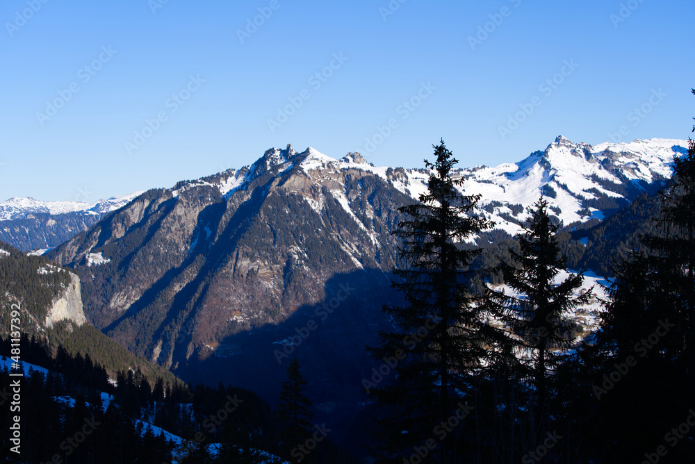 Beautiful mountain panorama at the Swiss Alps seen from mountain railway station Winteregg Mürren on a sunny winter day. Photo taken January 15th, 2022, Lauterbrunnen, Switzerland.