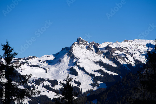 Beautiful mountain panorama at the Swiss Alps seen from mountain railway station Winteregg M  rren on a sunny winter day. Photo taken January 15th  2022  Lauterbrunnen  Switzerland.