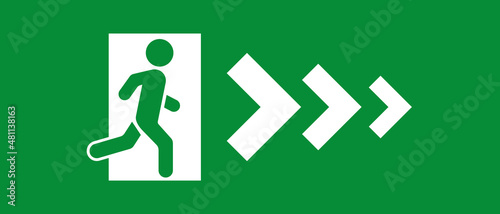 Emergency exit green sign with arrow, exit person out door for protection. Man go out through door, warning sign. Vector illustration