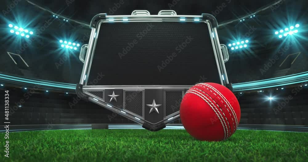 Rolling red cricket ball and steel shield with empty space for advertisement text. Green grass field and illuminated sport arena with light flashes. Two 4K video parts of loopable sport intro.