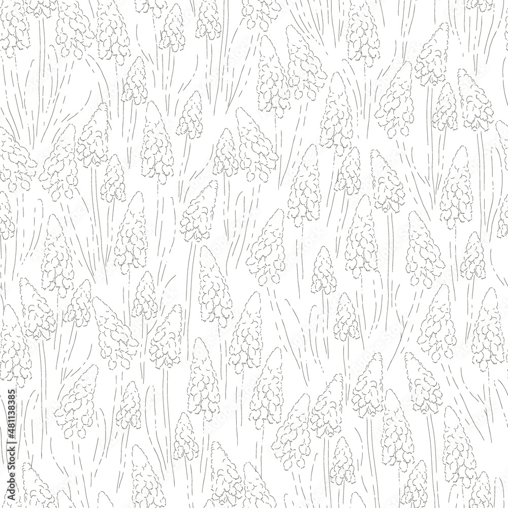 Fototapeta premium Grape Hyacinth flower hand drawn sketch vector seamless pattern. Abstract sketchy freehand bloom monochromatic background for fashion fabric print, home textile, Easter scrapbook, card making 